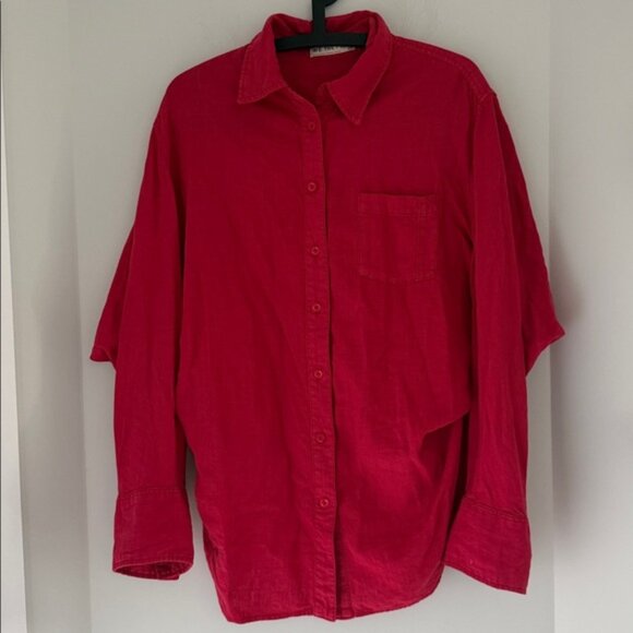 We The Free Free People Vibrant Fushia Pink Linen Button Down Top Size Small - Picture 2 of 7